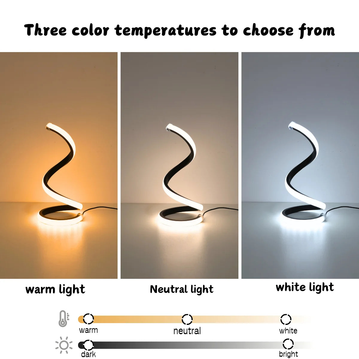 lampe spirale moderne blanc noir trois couleurs USB interrupteur flux lumineux décoration chambre étude