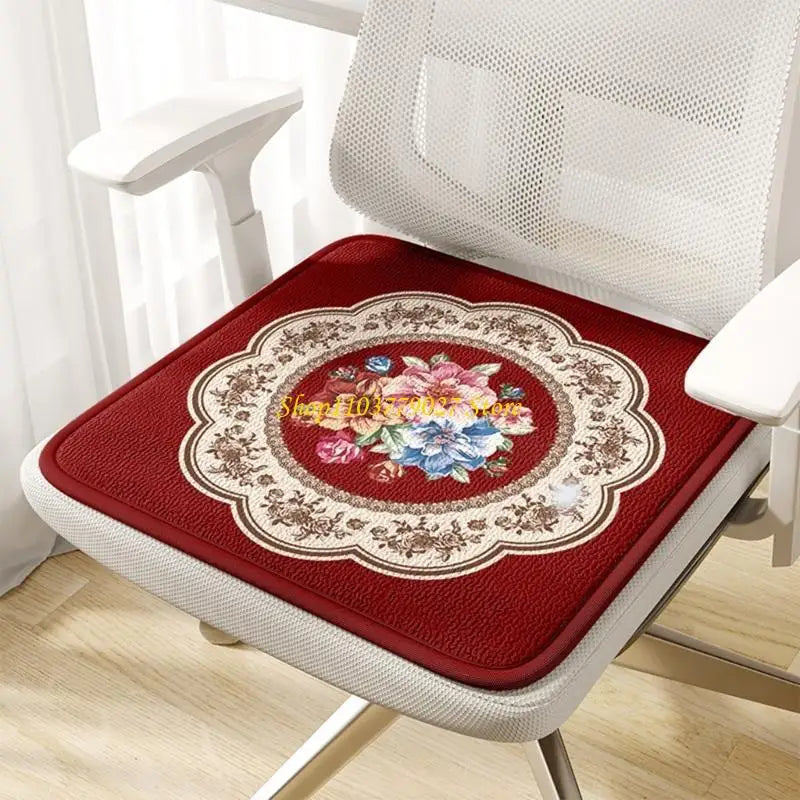 coussin chaise mousse mémoire forme carrée classique fleurs bordure ornée rouge gris