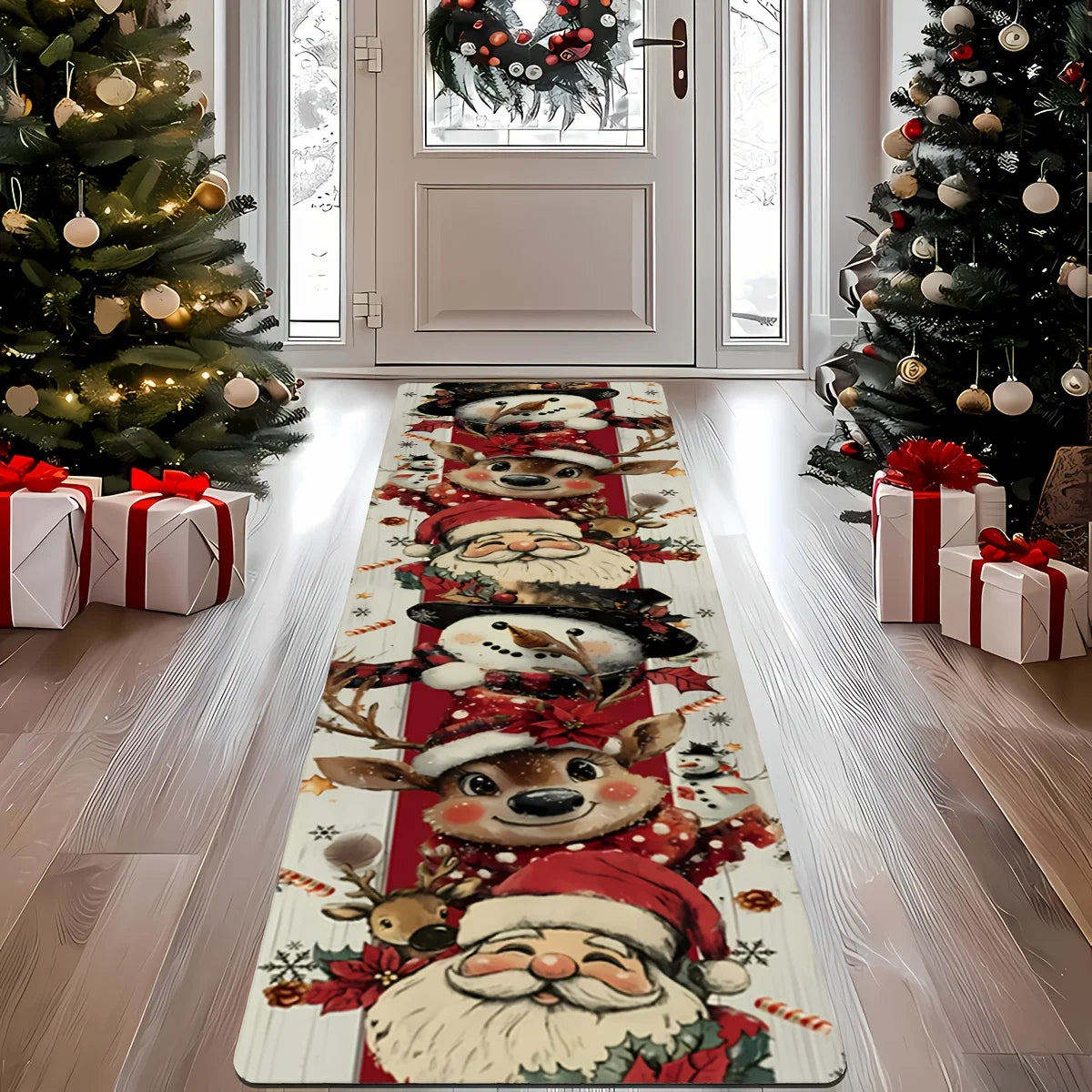 tapis noël rouge santa rennes flocons décoration intérieure imperméable polyester multicolore festive