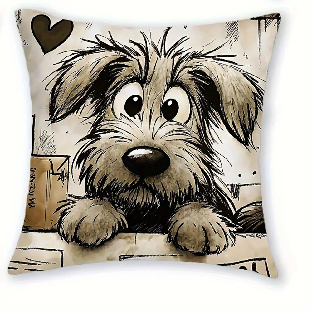 coussin chien mignon coeurs clés illustration cartoon blanc noir beige