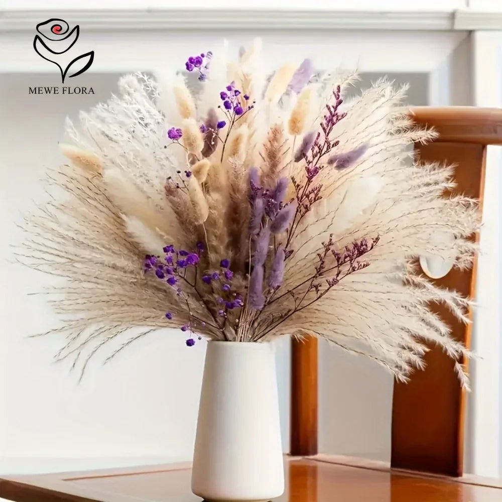 bouquet fleurs séchées pampas naturel beige violet clair décoration maison anniversaire wedding rustic