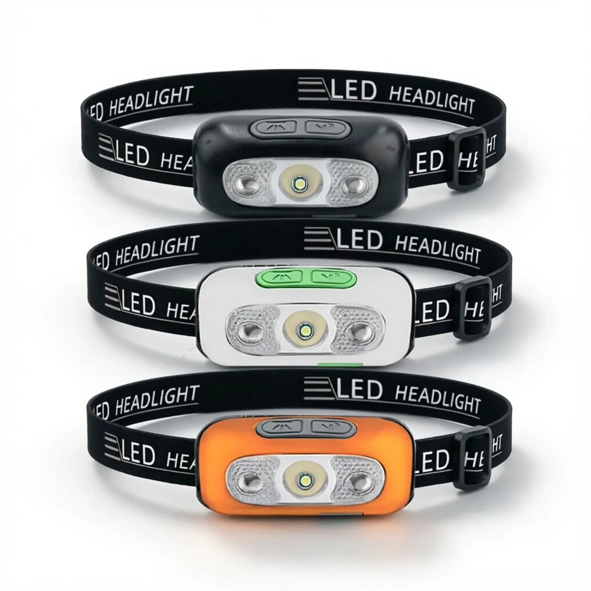 lampe frontale led noire blanche orange capteur bande velcro rechargeable