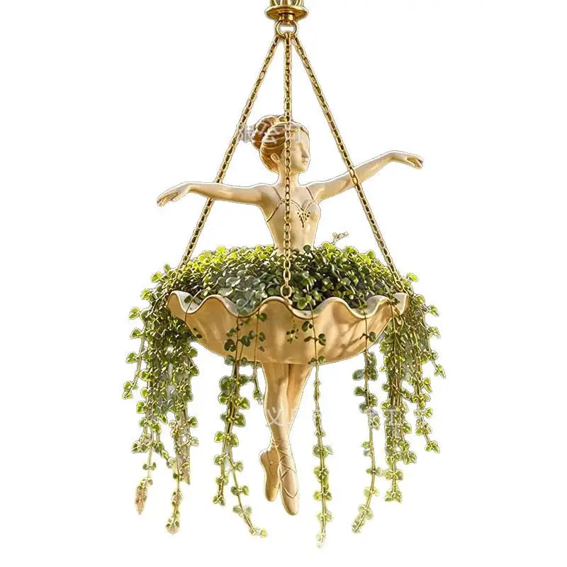 cache pot suspendu sculpture danseuse or blanc art déco élégant bordure ondulée chaînes dorées