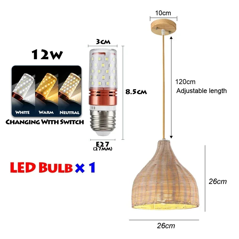 suspension lumineuse bois tressée moderne ampoule led câble électrique chambre salon