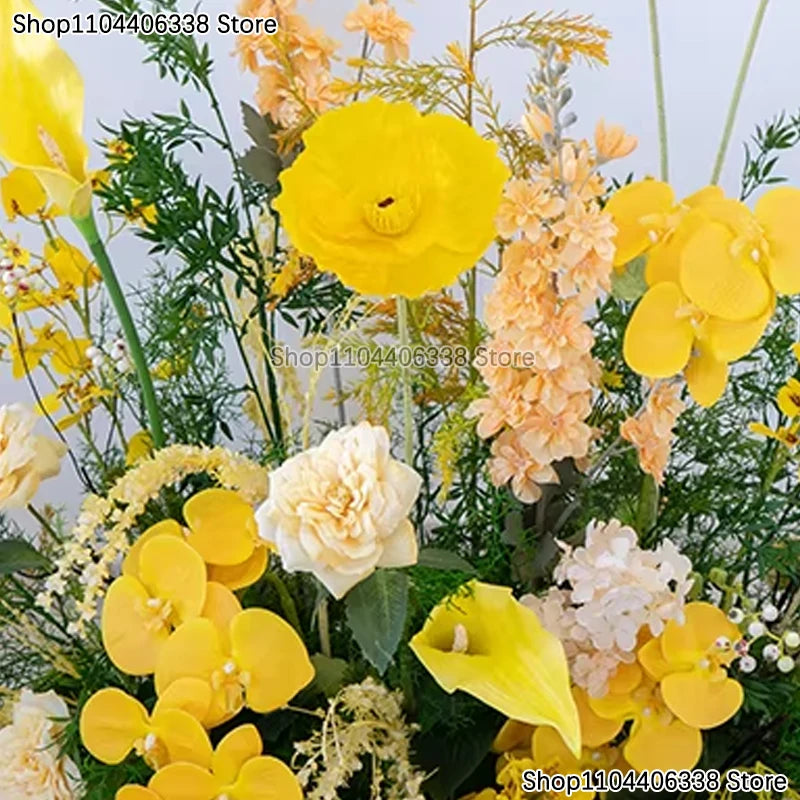 décoration mariage roses jaunes orchidées feuilles verte romantique élégant extérieur artificiel