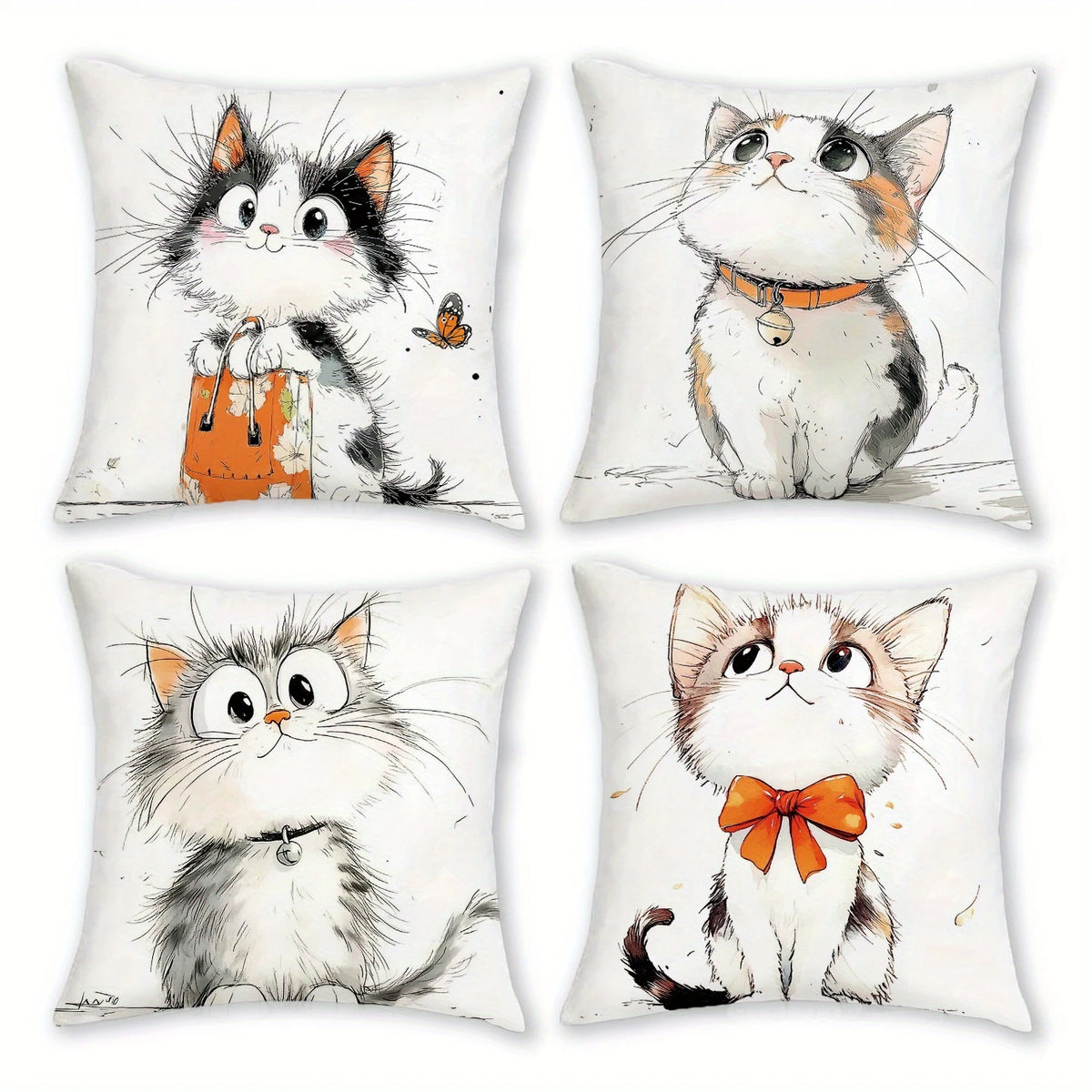 housses coussin forme chat aquarelle mignonnes dessin animé polyester peacheskin blanc cartoon 40x40cm 45x45cm