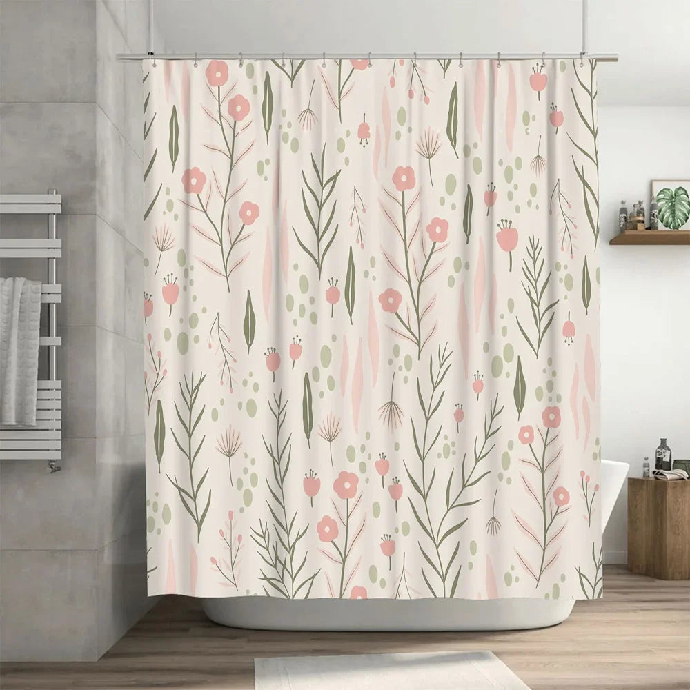 rideau douche fleurs stylisées polyester moderne beige rose vert anneaux fixation 180cm 180cm