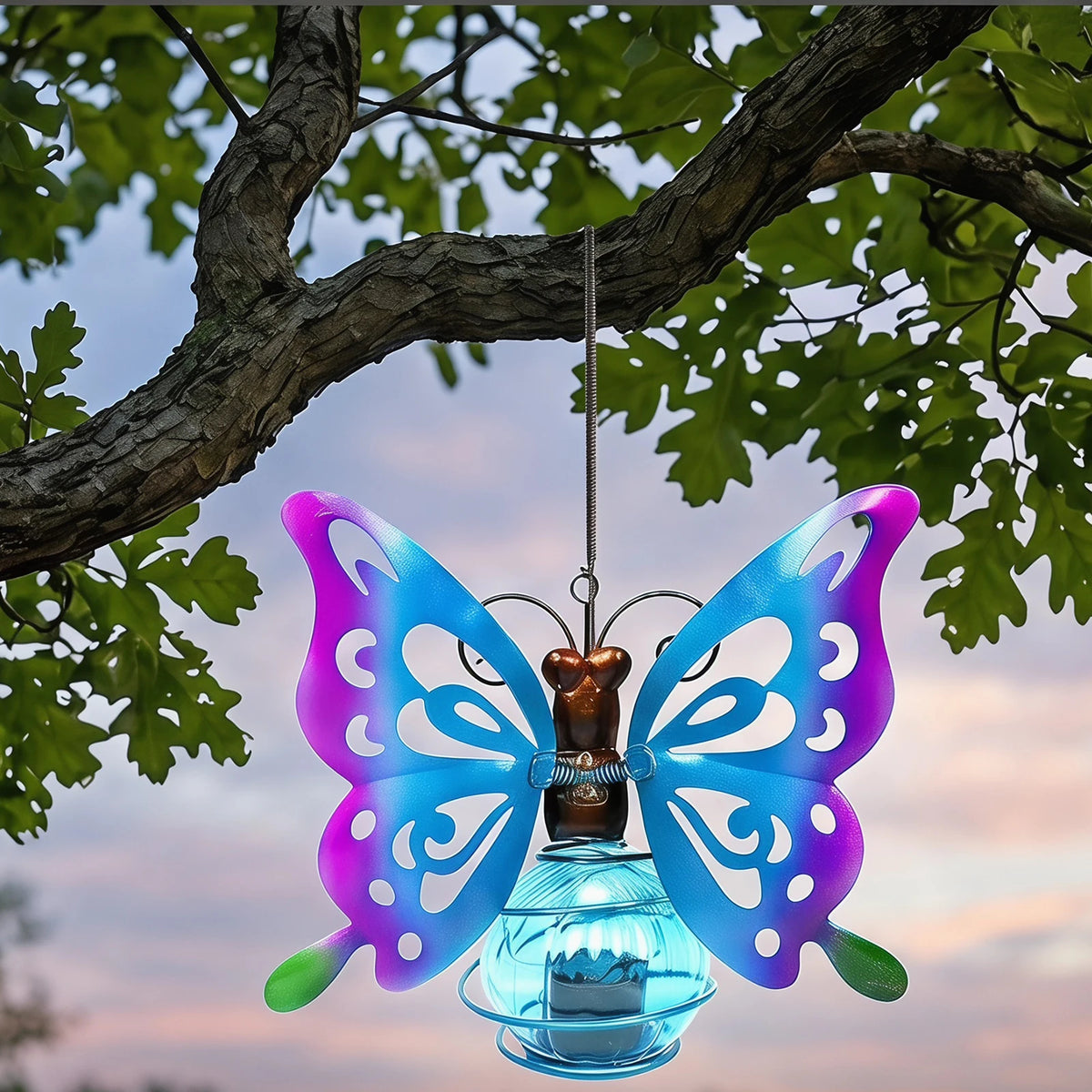 lampe solaire décorative papillon transparent moderne bleu violet vert métal bouton allumage