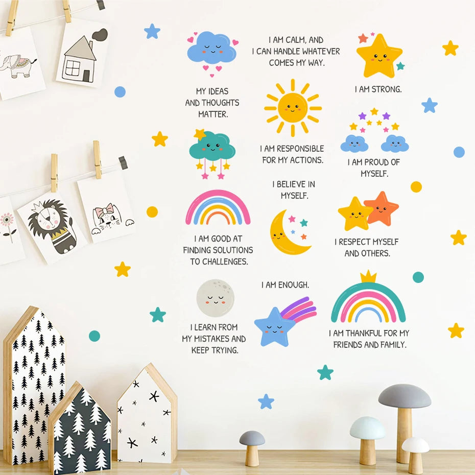 sticker mural étoiles dessin animé multicolore décoration enfant chambre nuage soleil arc ciel
