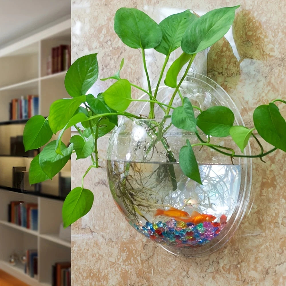 aquarium mural transparent moderne poissons plante galets colorés fixations suspension