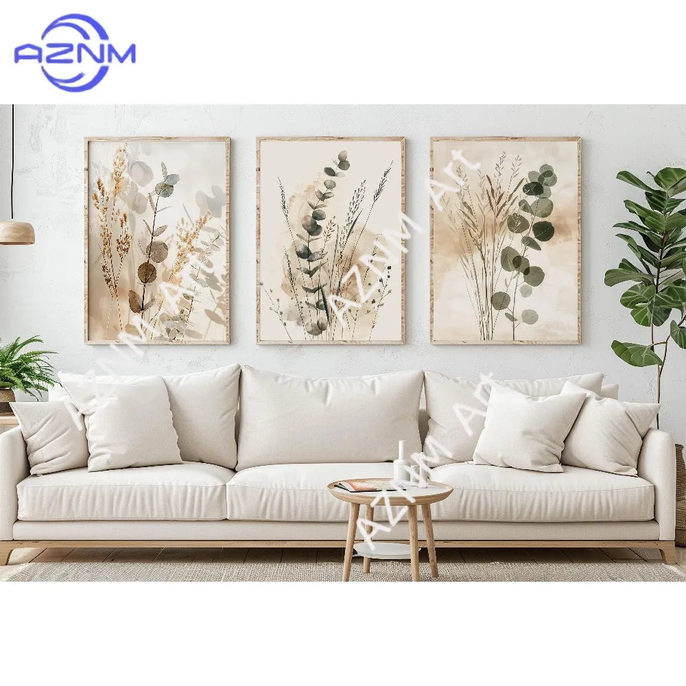 tableaux abstraits minimaliste fleurs séchées naturels beige gris vert cadres floraux decoration chambre triptyque