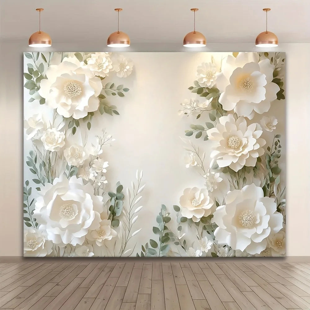 Décoration murale florale blanche en polyester avec fleurs grappinées