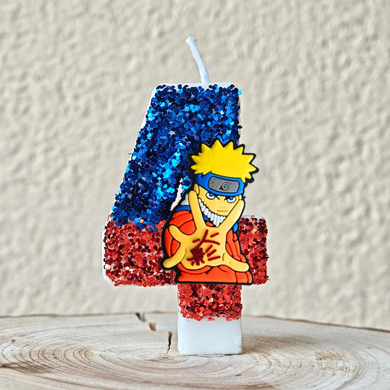 bougies décoratives anime personnages paillettes bleu rouge jaune blanc thème naruto shippuden anniversaire gâteau