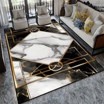 Un motif de marbre élégant et géométrique avec des accents dorés, créant une atmosphère luxueuse et design dans cet intérieur moderne.