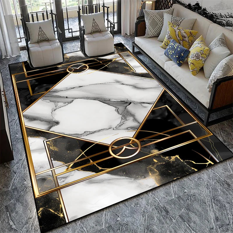 Un motif de marbre élégant et géométrique avec des accents dorés, créant une atmosphère luxueuse et design dans cet intérieur moderne.