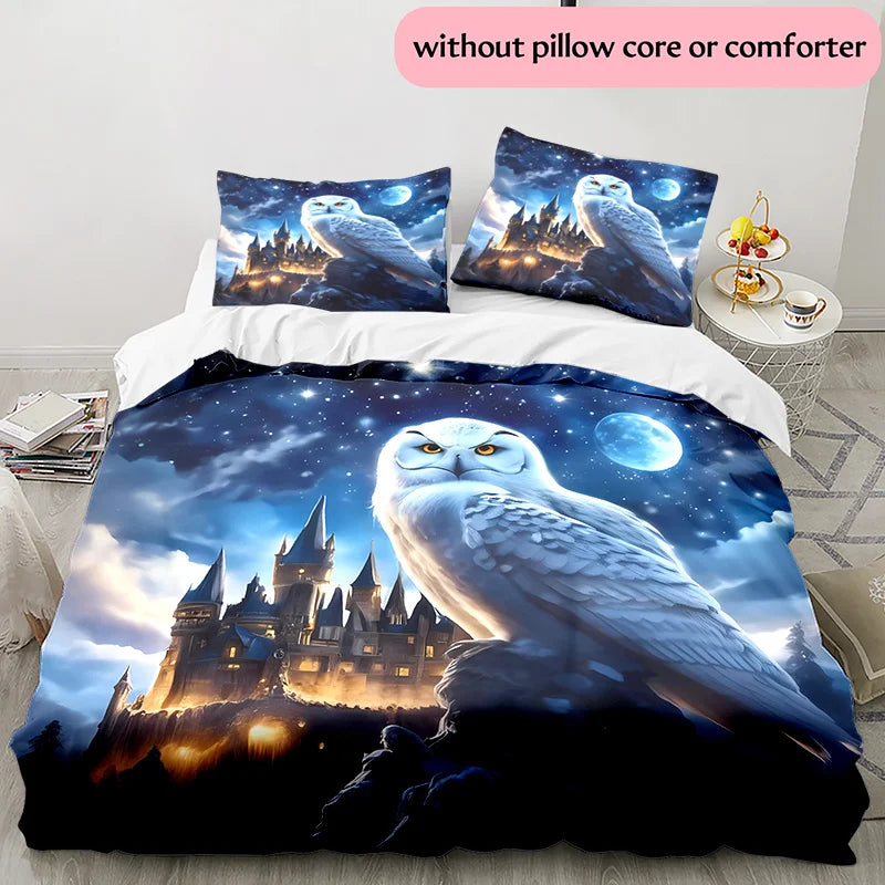 parure lit château hibou nuit bleue oreillers taies doreille ciel étoilé fantastique coloré blanc