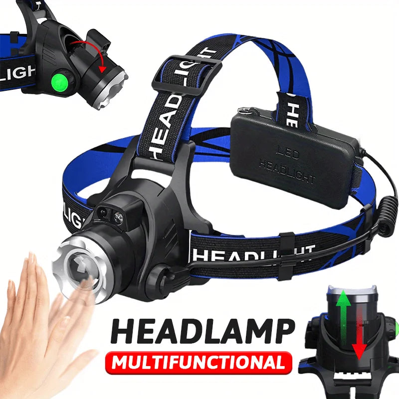 lampe frontale led rechargeable zoomable étanche hiking camping noir bleu rayures adjustable