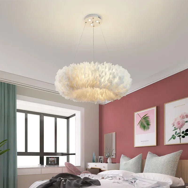 Suspension lumineuse plumes blanc moderne ampoules led 10 15mètres carrés