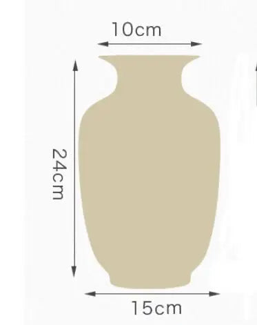 Vase décoratif en céramique de couleur beige avec des dimensions indiquées.