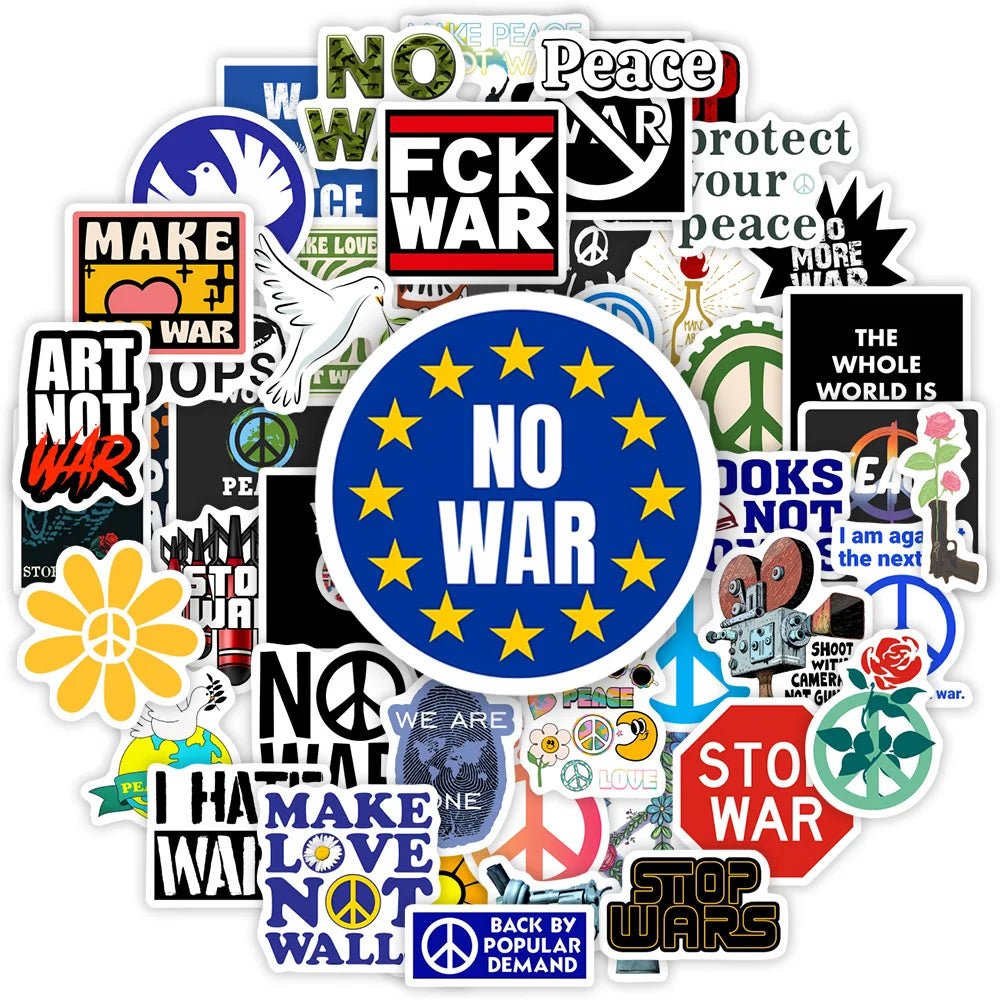 stickers multicolores graphiques paix amour stop war moderne adhésifs variés slogans symboles populaire