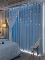 rideaux bleu clair étoiles blancs tissu semi transparent moderne doux rubans pompons semi opaque