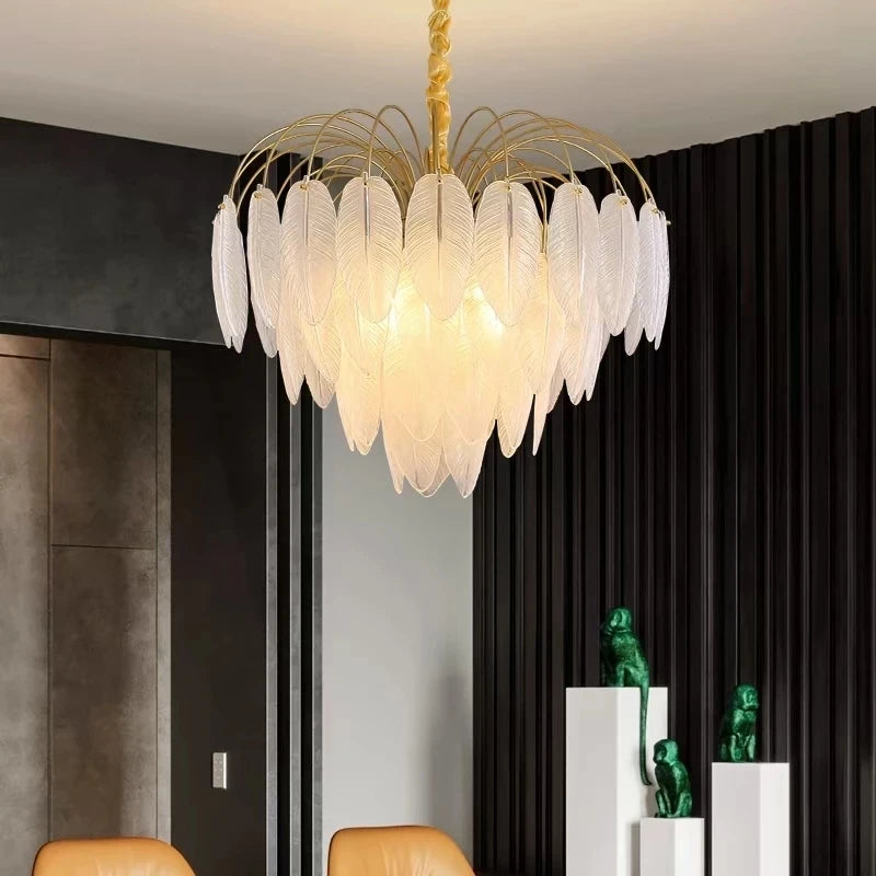 lampe suspendue moderne feuilles doré blanc translucide éclairage intérieur élégant semi encastrée