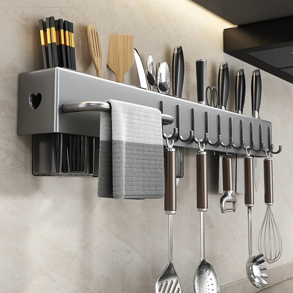 étagère cuisine moderne adhésive porte ustensiles couteaux serviettes chopsticks soufflet mixeur gris métallisé