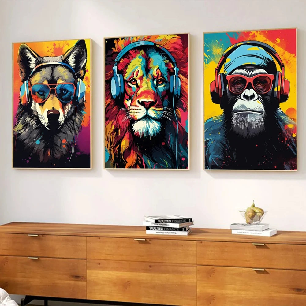 affiches modernes pop art animaux stylisés lunettes casques audio noir blanc bleu orange rouge