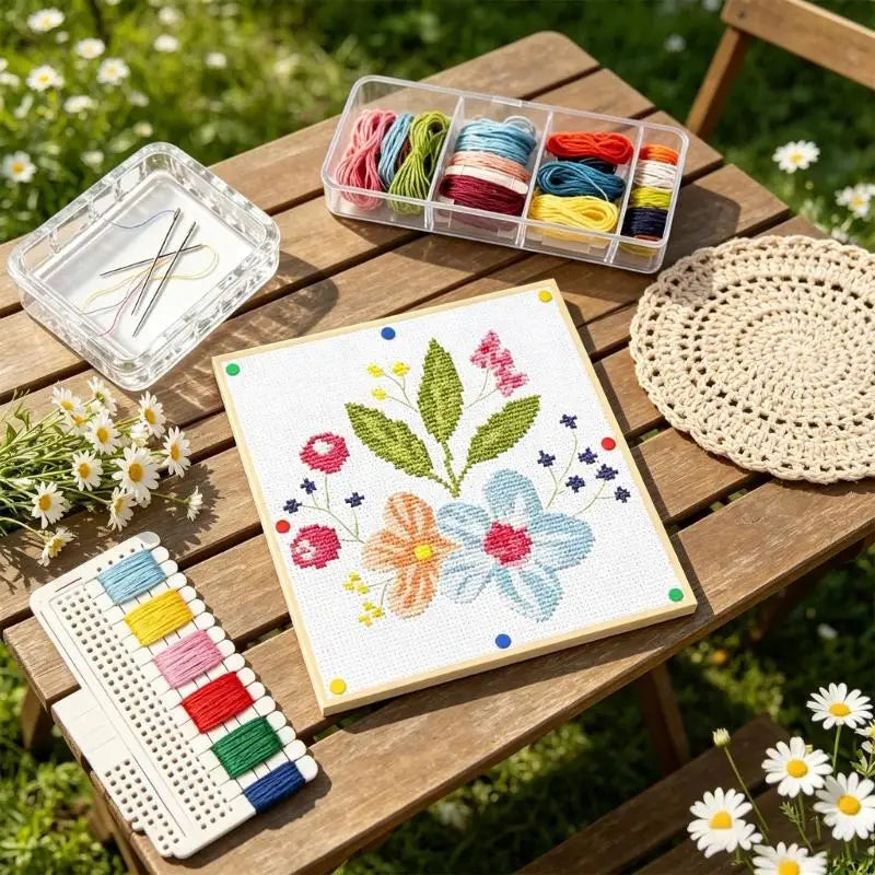 Kit broderie traditionnel multicolore fleurs aiguilles fils boîte rangement tailles 10 12 pouces