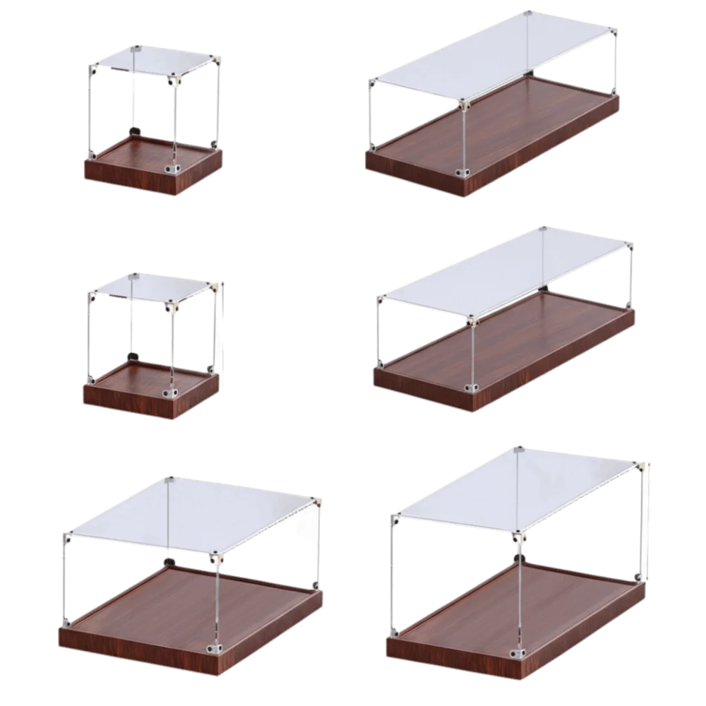 présentation support transparent moderne plateau bois structure acrylique anti poussière empilable respectueux environnement minimaliste