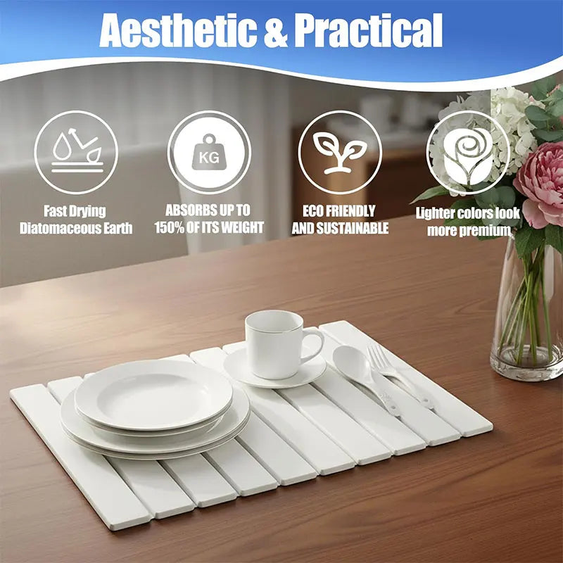 tapis pliable séchage rapide vaisselle rayures horizontales moderne respectueux environnement blanc absorbant eau diatomées