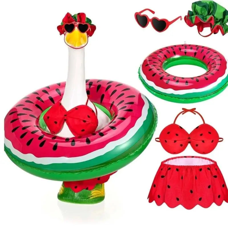 décoration extérieure piscine bouée pastèque rouge vert lunettes cœur bikini