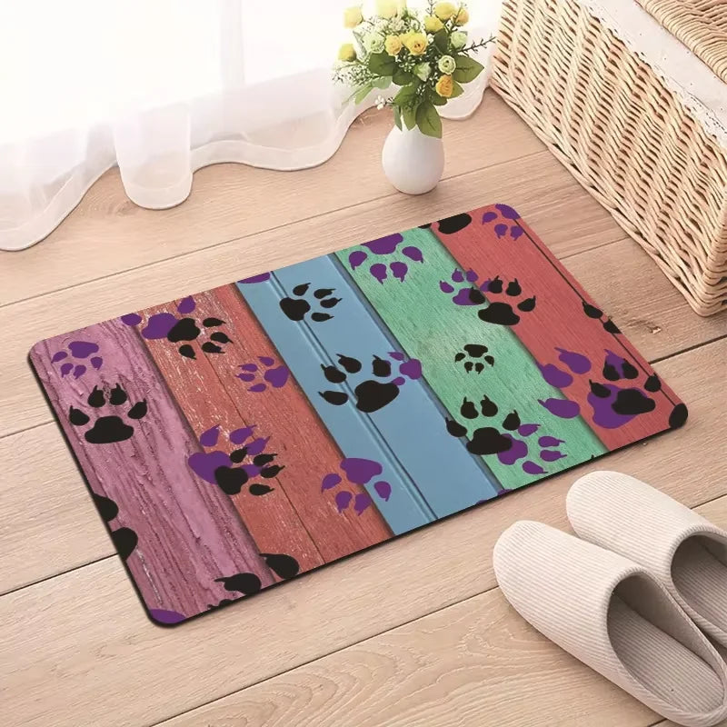 tapis absorbant antidérapant animaux violet bleu noir motif patte chien woof os floral