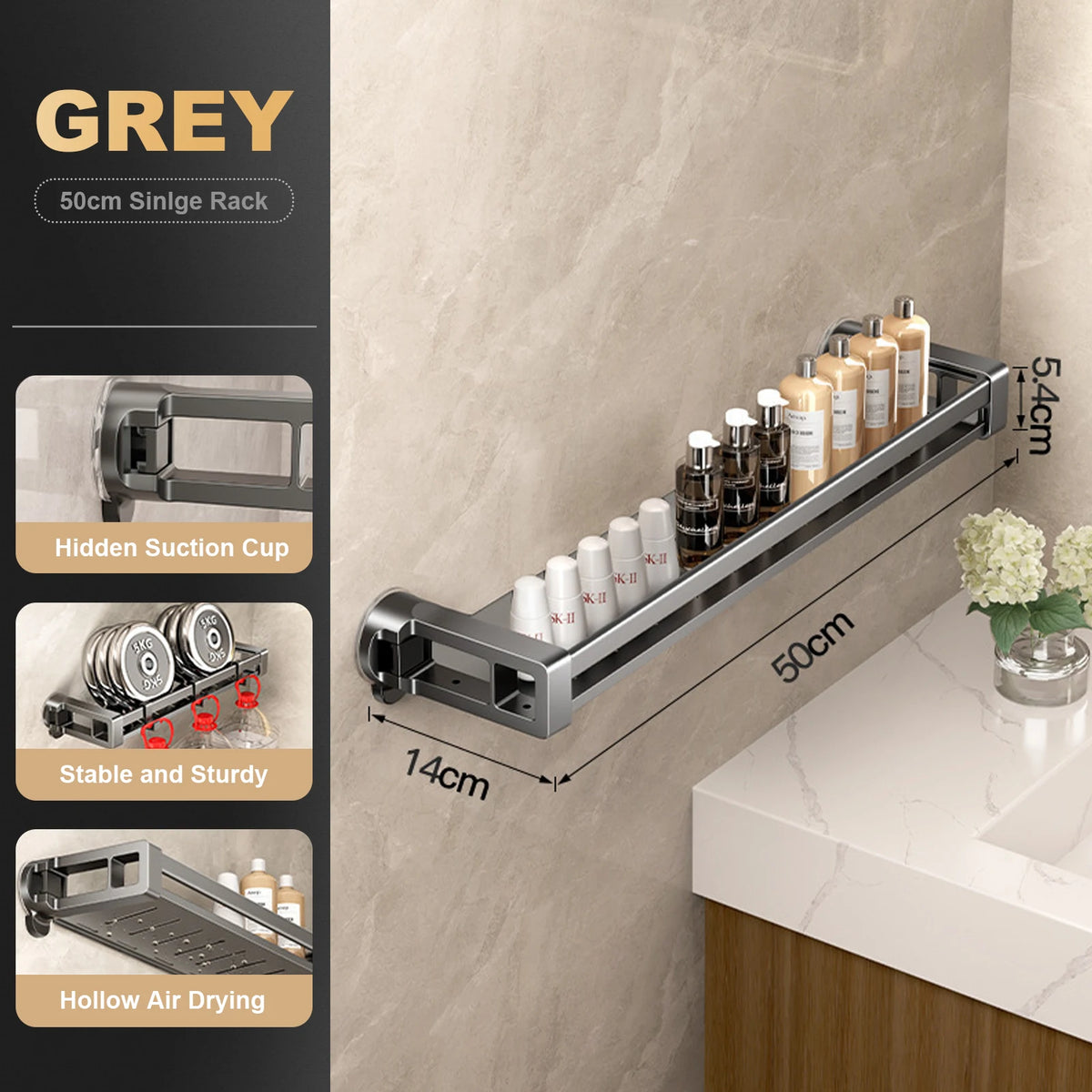 étagère salle bain ventouse aluminium moderne gris minimaliste porte serviette suction cachée