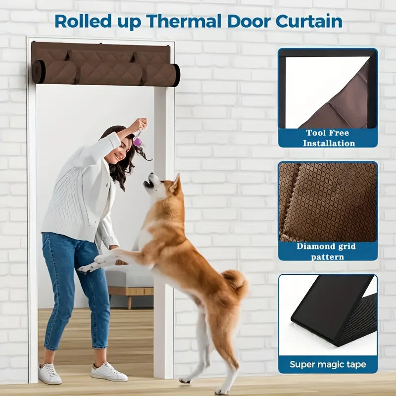 rideau porte thermique marron motif grille moderne opacité boucle rangement hiver isolation