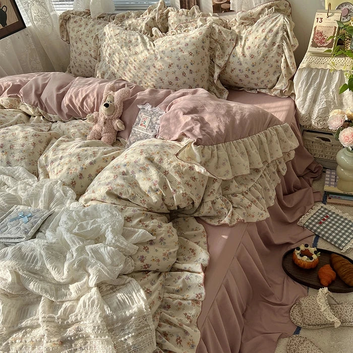 parure lit complète fleurs vintage princesse housse couette drap taies oreillers