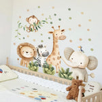 sticker mural animal dessin animé multicolore léopard girafe éléphant singe zèbre décoration enfant chambre