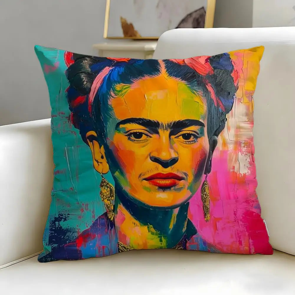 coussin contemporain zip invisible polyvalent orange bleu rouge peinture abstraite visage stylisé 45x45cm polyester