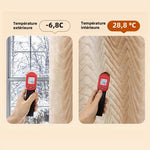 Thermomètre infrarouge mesurant la différence de température entre l'extérieur et l'intérieur d'une maison. La première image montre une température extérieure de -6,8 degrés, tandis que la deuxième affiche une température intérieure de 28,8 degrés. Idéal pour vérifier l'efficacité énergétique et le confort thermique de votre habitation.