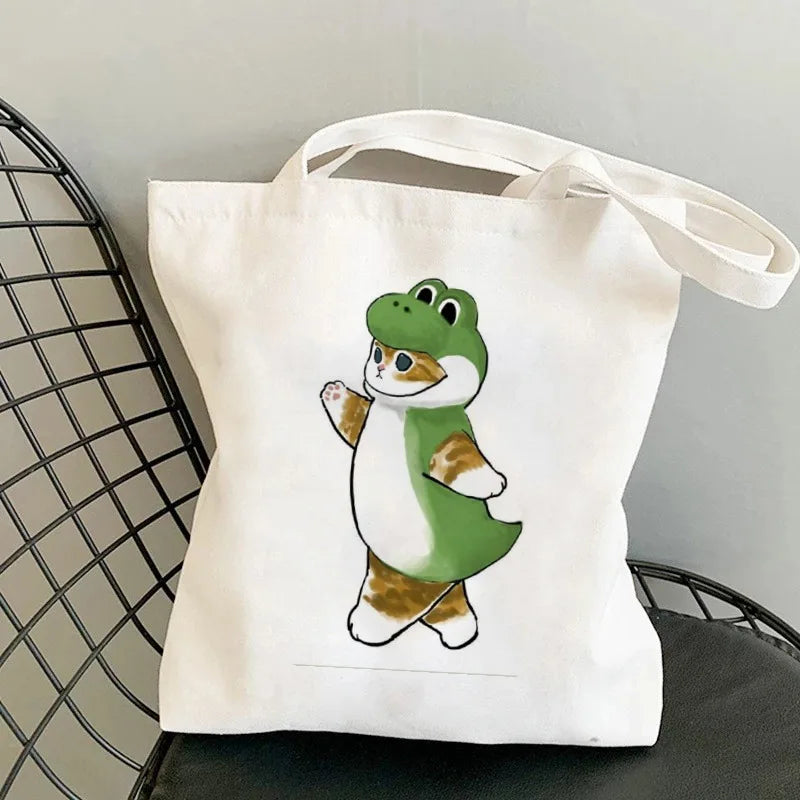sac main toile blanc chats cartoon poignées détachables fourre tout durable réutilisable quotidien essentialsécole