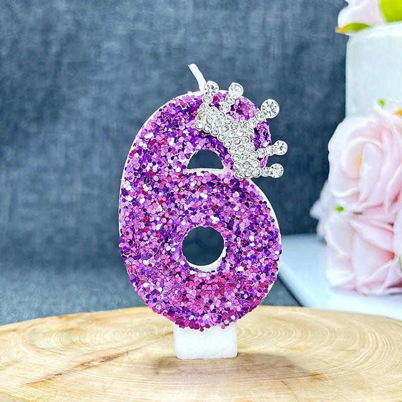 bougies anniversaire chiffre violet paillettes décoratives brillantes tringle fixations transparentes