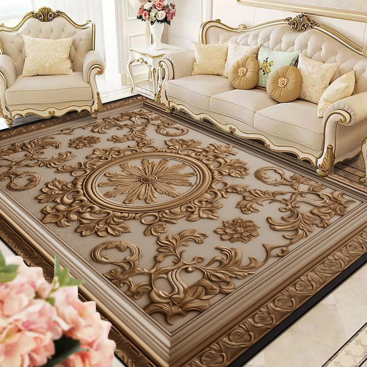 Une magnifique table basse en bois sculpté, ornée de motifs floraux élaborés, qui complète parfaitement le style classique et élégant du salon.