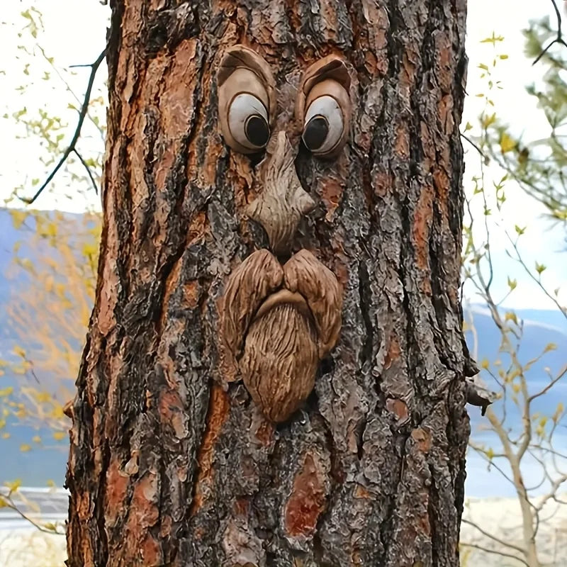 décorations murales résine yeux nez bouche barbe fantaisiste humoristique fixations écorce arbres rustic