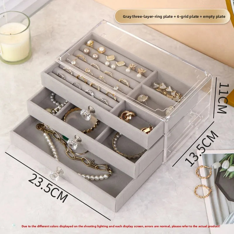 boîte bijoux velours beige clair poignées moderne rangement colliers bagues montres boucles d'oreilles