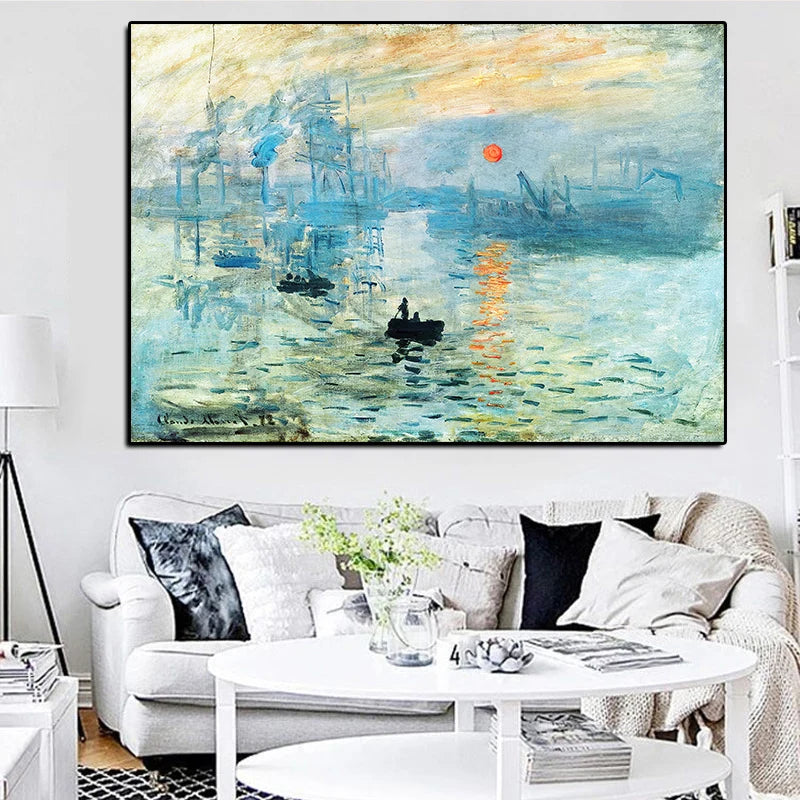 Toile d'art impressionniste paysage abstrait bleu vert blanc horizontal sans cadre