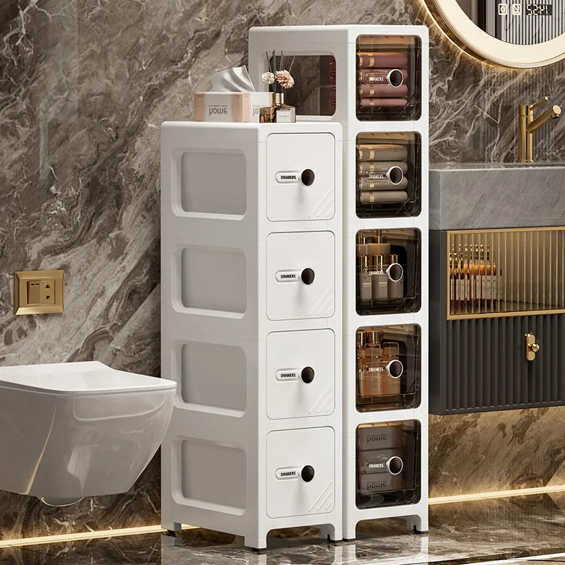meuble rangement blanc moderne tiroirs transparents rayures diagonales noires pliable porte bouteilles cosmétiques