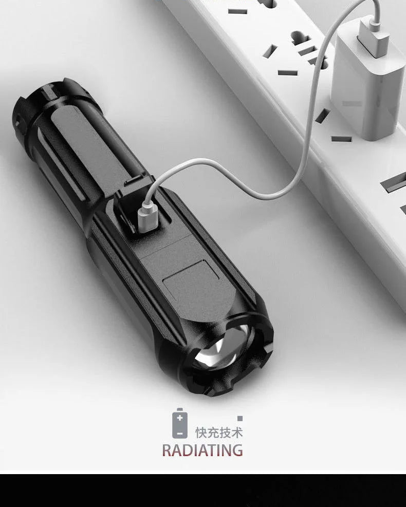 lampe torche noire rechargeable 250 lumens zoom moderne camping 100 200mètres certifiée usb