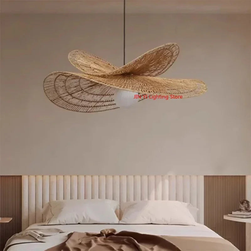 Suspension lumineuse raphia tressé moderne naturel 80cm 35cm chambre salon