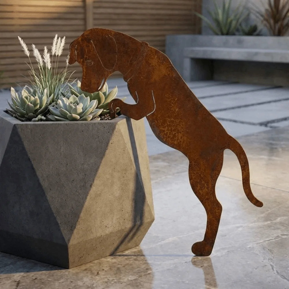 décoration rustique chien métal rouille pot fleurs jardin ornement robusteextérieur