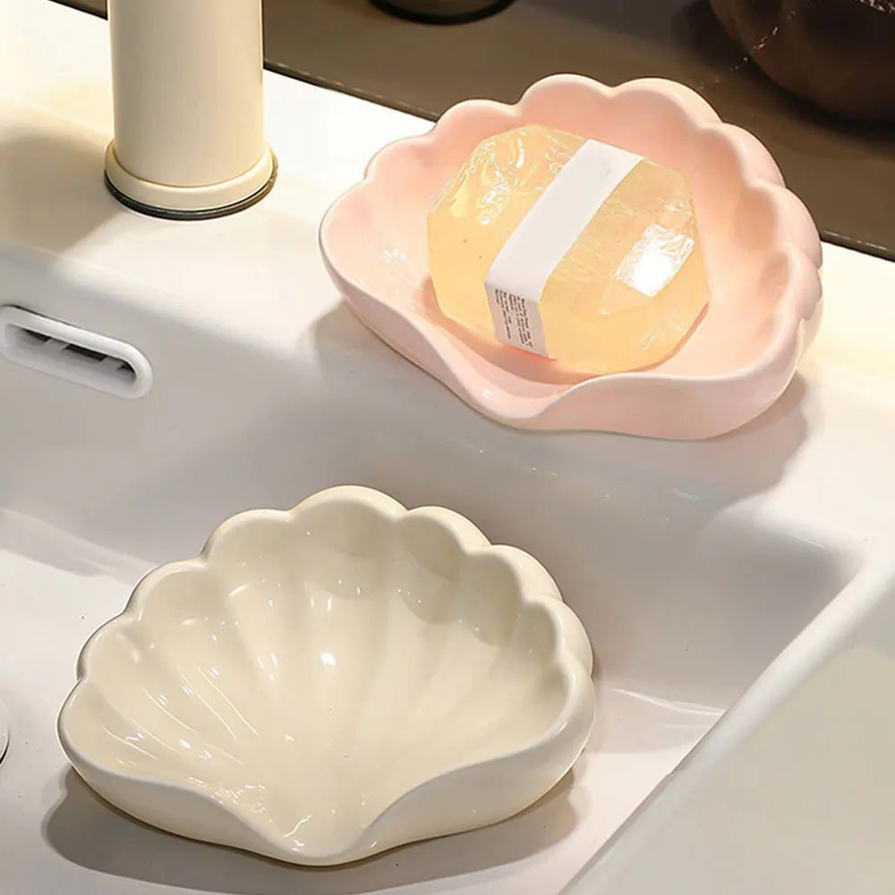 assiette savon coquillage moderne rose clair blanc salle bain rangement plateau opacité